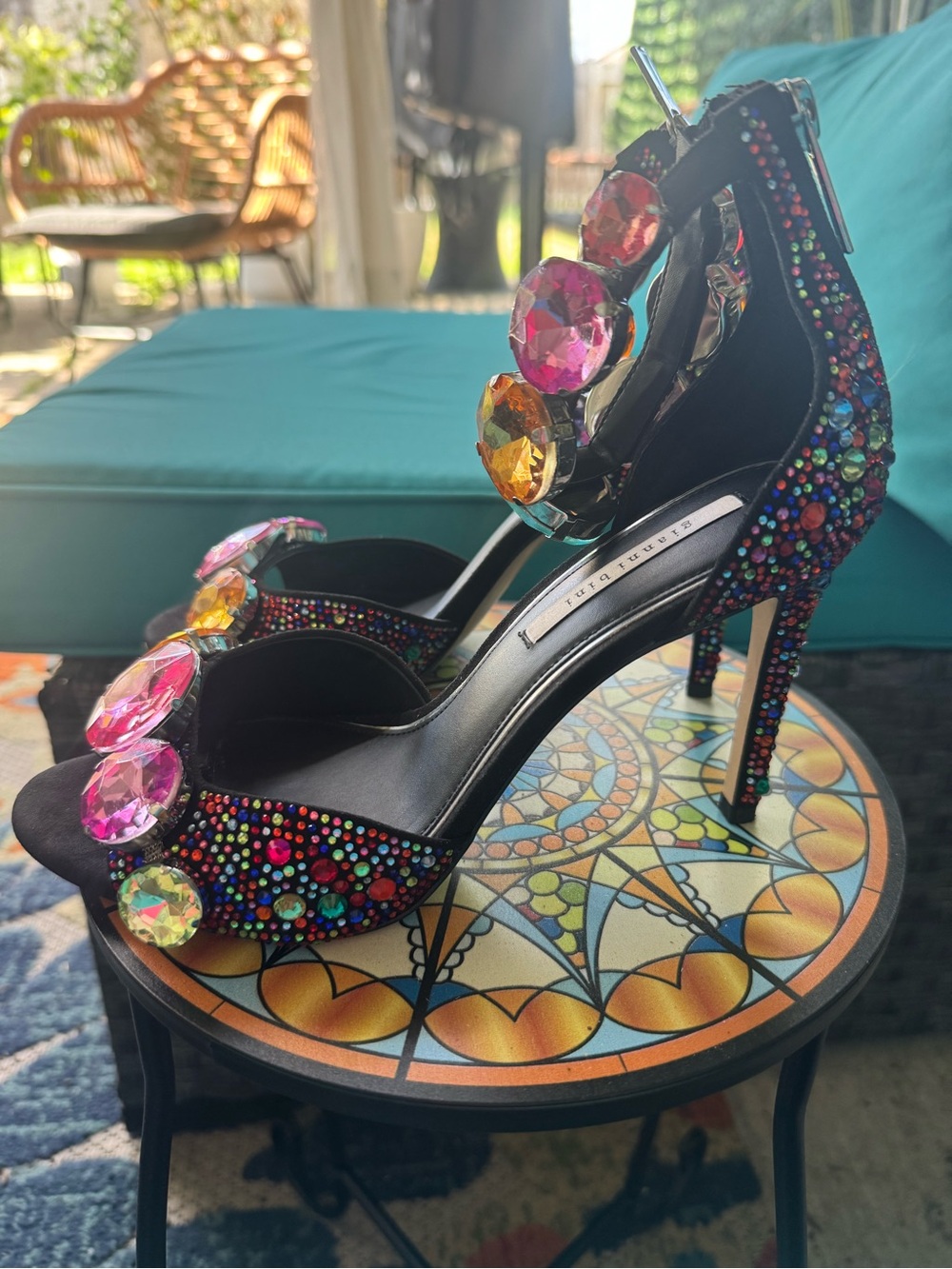 Giani Bernini Black Jeweled High Heel Sandals with Pink and Yellow Gems
